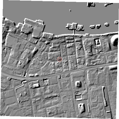 Shaded relief map of the ground around SE164PN, computed from Environment Agency LiDAR. The ground here sits at about 3 m above sea level and falls 9 m across the surrounding 800 m. Surface water reaching this point runs off ground lying to the south-west, 1.7 m higher.