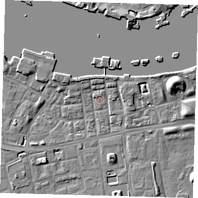 Shaded relief map of the ground around SE164PQ, computed from Environment Agency LiDAR. The ground here sits at about 3 m above sea level and falls 9 m across the surrounding 800 m. Surface water reaching this point runs off ground lying to the north-west, 5.8 m higher.