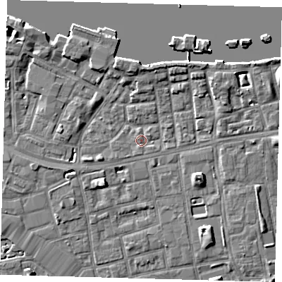 Shaded relief map of the ground around SE164PR, computed from Environment Agency LiDAR. The ground here sits at about 3 m above sea level and falls 7 m across the surrounding 800 m. Surface water reaching this point runs off ground lying to the east-south-east, 7.3 m higher.