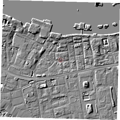 Shaded relief map of the ground around SE164PS, computed from Environment Agency LiDAR. The ground here sits at about 2 m above sea level and falls 7 m across the surrounding 800 m. Surface water reaching this point runs off ground lying to the south-west, 2.0 m higher.
