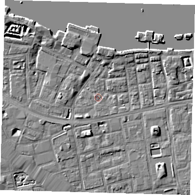 Shaded relief map of the ground around SE164PU, computed from Environment Agency LiDAR. The ground here sits at about 2 m above sea level and falls 7 m across the surrounding 800 m. Surface water reaching this point runs off ground lying to the south-west, 2.0 m higher.