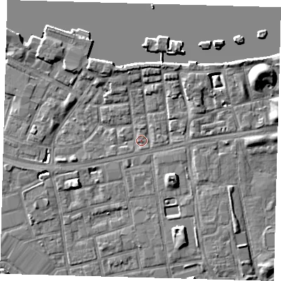 Shaded relief map of the ground around SE164PW, computed from Environment Agency LiDAR. The ground here sits at about 3 m above sea level and falls 9 m across the surrounding 800 m. Surface water reaching this point runs off ground lying to the south-east, 7.3 m higher.