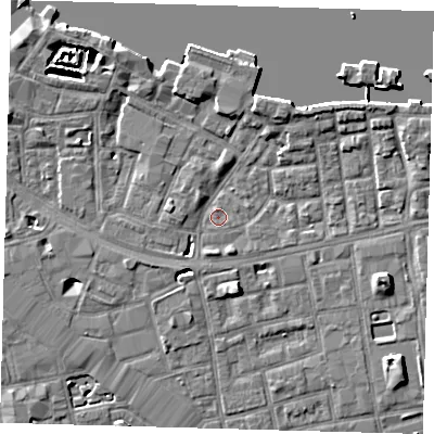 Shaded relief map of the ground around SE164PX, computed from Environment Agency LiDAR. The ground here sits at about 2 m above sea level and falls 7 m across the surrounding 800 m. Surface water reaching this point runs off ground lying to the south-south-west, 2.0 m higher.