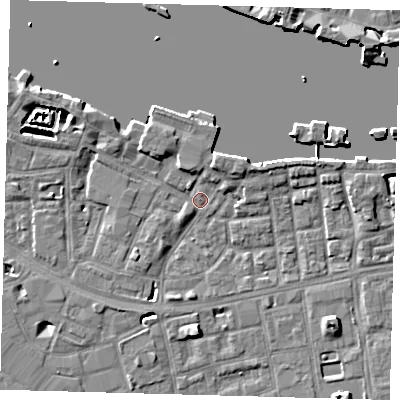 Shaded relief map of the ground around SE164PY, computed from Environment Agency LiDAR. The ground here sits at about 3 m above sea level and falls 7 m across the surrounding 800 m. Surface water reaching this point runs off ground lying to the south-west, 1.8 m higher.