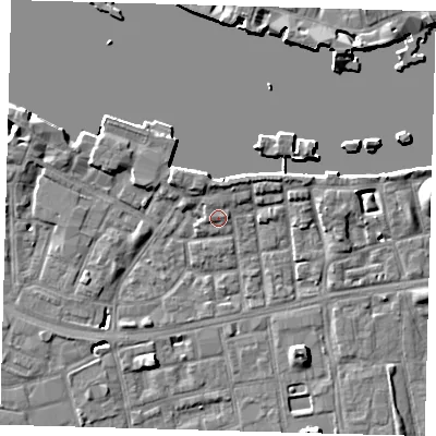 Shaded relief map of the ground around SE164PZ, computed from Environment Agency LiDAR. The ground here sits at about 4 m above sea level and falls 8 m across the surrounding 800 m. Surface water reaching this point runs off ground lying to the north-north-east, 1.9 m higher.