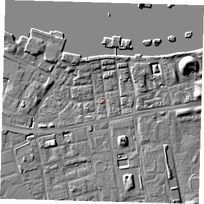 Shaded relief map of the ground around SE164QA, computed from Environment Agency LiDAR. The ground here sits at about 3 m above sea level and falls 9 m across the surrounding 800 m. Surface water reaching this point runs off ground lying to the south-south-east, 7.3 m higher.