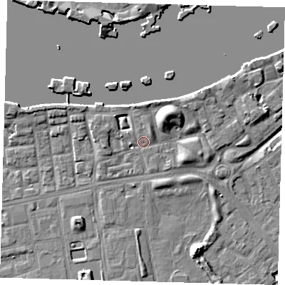 Shaded relief map of the ground around SE164QD, computed from Environment Agency LiDAR. The ground here sits at about 4 m above sea level and falls 10 m across the surrounding 800 m. Surface water reaching this point runs off ground lying to the north-west, 3.8 m higher.