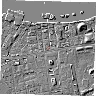 Shaded relief map of the ground around SE164QF, computed from Environment Agency LiDAR. The ground here sits at about 3 m above sea level and falls 9 m across the surrounding 800 m. Surface water reaching this point runs off ground lying to the south-south-east, 4.7 m higher.