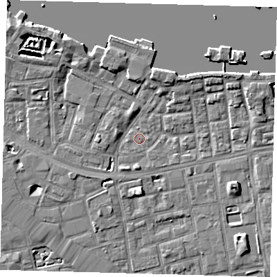 Shaded relief map of the ground around SE164QG, computed from Environment Agency LiDAR. The ground here sits at about 3 m above sea level and falls 7 m across the surrounding 800 m. Surface water reaching this point runs off ground lying to the south-south-west, 2.0 m higher.