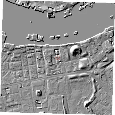 Shaded relief map of the ground around SE164QH, computed from Environment Agency LiDAR. The ground here sits at about 4 m above sea level and falls 8 m across the surrounding 800 m. Surface water reaching this point runs off ground lying to the west-south-west, 2.2 m higher.