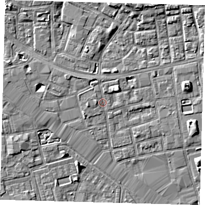 Shaded relief map of the ground around SE164QJ, computed from Environment Agency LiDAR. The ground here sits at about 3 m above sea level and falls 7 m across the surrounding 800 m. Surface water reaching this point runs off ground lying to the west, 4.2 m higher.