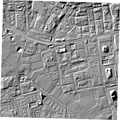 Shaded relief map of the ground around SE164QR, computed from Environment Agency LiDAR. The ground here sits at about 3 m above sea level and falls 7 m across the surrounding 800 m. Surface water reaching this point runs off ground lying to the west, 4.2 m higher.