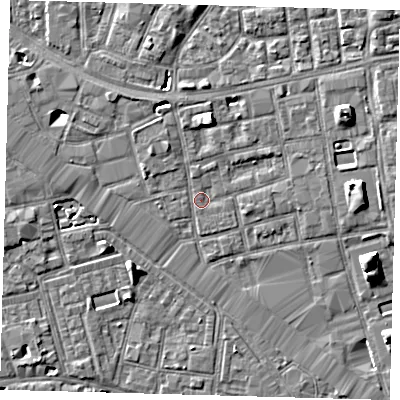 Shaded relief map of the ground around SE164QS, computed from Environment Agency LiDAR. The ground here sits at about 2 m above sea level and falls 7 m across the surrounding 800 m. Surface water reaching this point runs off ground lying to the north-north-west, 4.2 m higher.