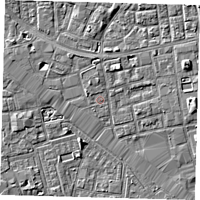 Shaded relief map of the ground around SE164QT, computed from Environment Agency LiDAR. The ground here sits at about 3 m above sea level and falls 7 m across the surrounding 800 m. Surface water reaching this point runs off ground lying to the west-north-west, 1.0 m higher.