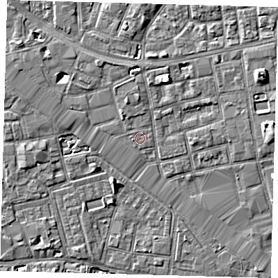Shaded relief map of the ground around SE164QW, computed from Environment Agency LiDAR. The ground here sits at about 3 m above sea level and falls 7 m across the surrounding 800 m. The ground contributing surface water to this point lies to the west.