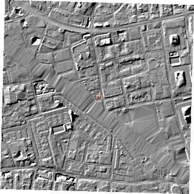 Shaded relief map of the ground around SE164QZ, computed from Environment Agency LiDAR. The ground here sits at about 3 m above sea level and falls 7 m across the surrounding 800 m. Surface water reaching this point runs off ground lying to the north, 4.2 m higher.