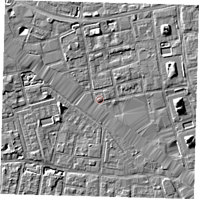 Shaded relief map of the ground around SE164RA, computed from Environment Agency LiDAR. The ground here sits at about 3 m above sea level and falls 7 m across the surrounding 800 m. Surface water reaching this point runs off ground lying to the west-north-west, 0.8 m higher.