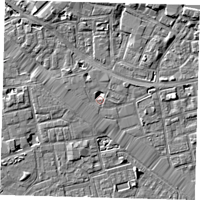 Shaded relief map of the ground around SE164RJ, computed from Environment Agency LiDAR. The ground here sits at about 3 m above sea level and falls 6 m across the surrounding 800 m. Surface water reaching this point runs off ground lying to the west-north-west, 2.9 m higher.