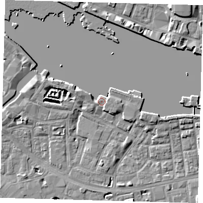Shaded relief map of the ground around SE164RN, computed from Environment Agency LiDAR. The ground here sits at about 4 m above sea level and falls 8 m across the surrounding 800 m. Surface water reaching this point runs off ground lying to the east, 4.9 m higher.