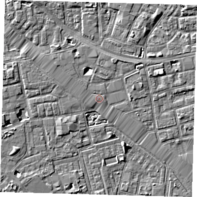 Shaded relief map of the ground around SE164RP, computed from Environment Agency LiDAR. The ground here sits at about 3 m above sea level and falls 6 m across the surrounding 800 m. Surface water reaching this point runs off ground lying to the north-west, 0.6 m higher.