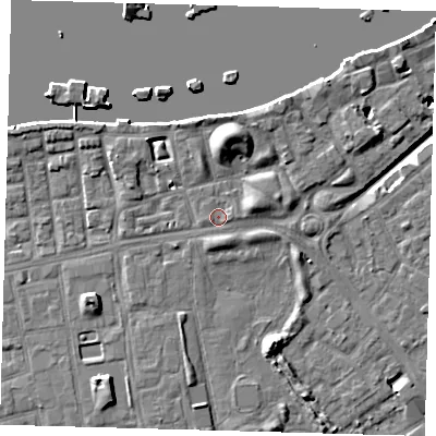 Shaded relief map of the ground around SE164RS, computed from Environment Agency LiDAR. The ground here sits at about 4 m above sea level and falls 12 m across the surrounding 800 m. Surface water reaching this point runs off ground lying to the east-north-east, 0.9 m higher.