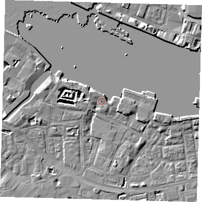 Shaded relief map of the ground around SE164RW, computed from Environment Agency LiDAR. The ground here sits at about 4 m above sea level and falls 8 m across the surrounding 800 m. Surface water reaching this point runs off ground lying to the west-north-west, 2.7 m higher.