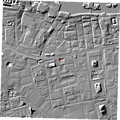 Shaded relief map of the ground around SE164RX, computed from Environment Agency LiDAR. The ground here sits at about 2 m above sea level and falls 7 m across the surrounding 800 m. Surface water reaching this point runs off ground lying to the west, 2.0 m higher.