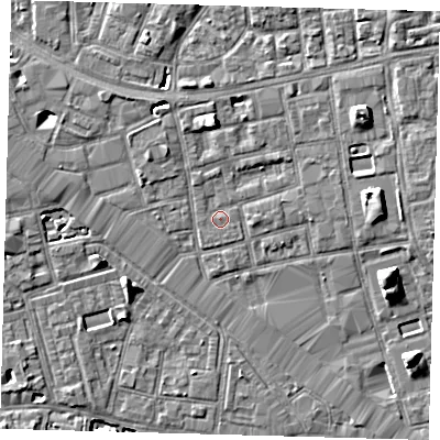 Shaded relief map of the ground around SE164RY, computed from Environment Agency LiDAR. The ground here sits at about 3 m above sea level and falls 7 m across the surrounding 800 m. Surface water reaching this point runs off ground lying to the north-north-west, 0.9 m higher.