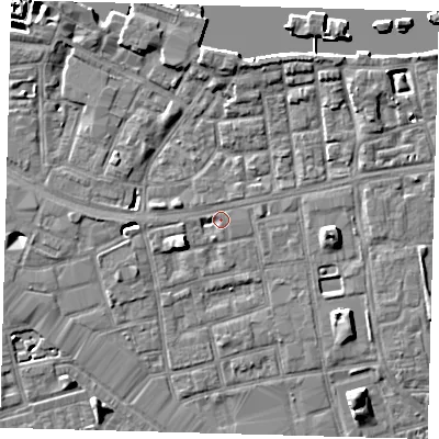 Shaded relief map of the ground around SE164RZ, computed from Environment Agency LiDAR. The ground here sits at about 3 m above sea level and falls 7 m across the surrounding 800 m. Surface water reaching this point runs off ground lying to the east, 7.3 m higher.