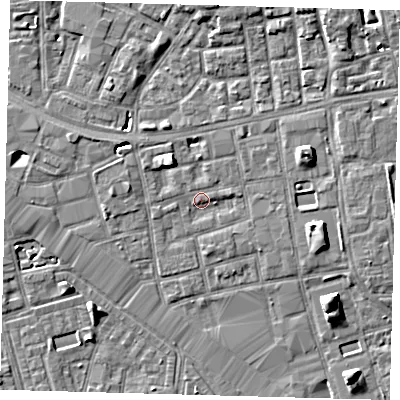 Shaded relief map of the ground around SE164SB, computed from Environment Agency LiDAR. The ground here sits at about 3 m above sea level and falls 7 m across the surrounding 800 m. Surface water reaching this point runs off ground lying to the east, 1.0 m higher.