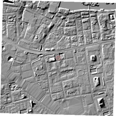 Shaded relief map of the ground around SE164SD, computed from Environment Agency LiDAR. The ground here sits at about 3 m above sea level and falls 7 m across the surrounding 800 m. Surface water reaching this point runs off ground lying to the west-south-west, 3.8 m higher.