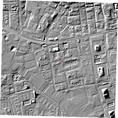 Shaded relief map of the ground around SE164SE, computed from Environment Agency LiDAR. The ground here sits at about 3 m above sea level and falls 7 m across the surrounding 800 m. The ground contributing surface water to this point lies to the south-south-west.