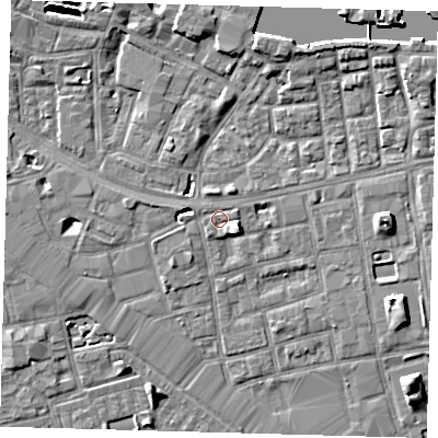 Shaded relief map of the ground around SE164SG, computed from Environment Agency LiDAR. The ground here sits at about 3 m above sea level and falls 7 m across the surrounding 800 m. Surface water reaching this point runs off ground lying to the east-south-east, 2.8 m higher.