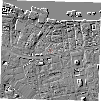 Shaded relief map of the ground around SE164SJ, computed from Environment Agency LiDAR. The ground here sits at about 3 m above sea level and falls 7 m across the surrounding 800 m. Surface water reaching this point runs off ground lying to the west-south-west, 1.7 m higher.
