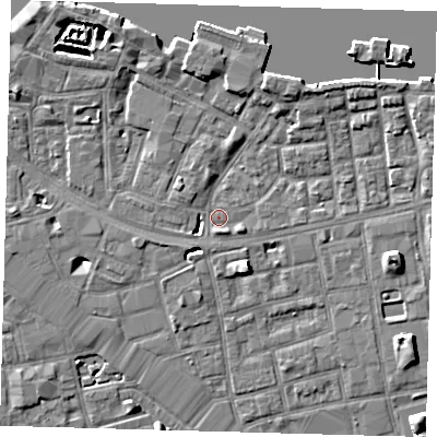 Shaded relief map of the ground around SE164SL, computed from Environment Agency LiDAR. The ground here sits at about 3 m above sea level and falls 7 m across the surrounding 800 m. Surface water reaching this point runs off ground lying to the south, 2.0 m higher.