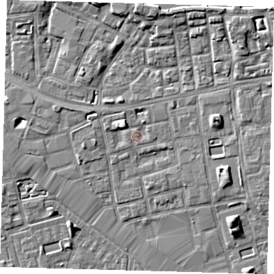 Shaded relief map of the ground around SE164SR, computed from Environment Agency LiDAR. The ground here sits at about 3 m above sea level and falls 7 m across the surrounding 800 m. Surface water reaching this point runs off ground lying to the east-north-east, 0.8 m higher.