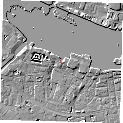 Shaded relief map of the ground around SE164ST, computed from Environment Agency LiDAR. The ground here sits at about 4 m above sea level and falls 8 m across the surrounding 800 m. Surface water reaching this point runs off ground lying to the east, 4.9 m higher.
