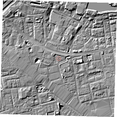 Shaded relief map of the ground around SE164SU, computed from Environment Agency LiDAR. The ground here sits at about 3 m above sea level and falls 6 m across the surrounding 800 m. Surface water reaching this point runs off ground lying to the west-north-west, 0.9 m higher.