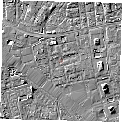 Shaded relief map of the ground around SE164SW, computed from Environment Agency LiDAR. The ground here sits at about 3 m above sea level and falls 7 m across the surrounding 800 m. Surface water reaching this point runs off ground lying to the east-north-east, 0.8 m higher.