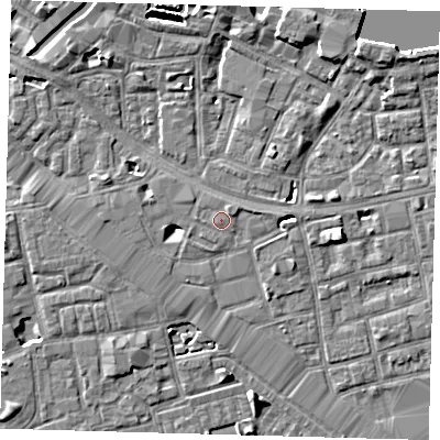 Shaded relief map of the ground around SE164SX, computed from Environment Agency LiDAR. The ground here sits at about 3 m above sea level and falls 6 m across the surrounding 800 m. Surface water reaching this point runs off ground lying to the north-east, 0.9 m higher.