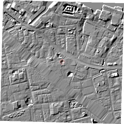 Shaded relief map of the ground around SE164TE, computed from Environment Agency LiDAR. The ground here sits at about 2 m above sea level and falls 7 m across the surrounding 800 m. Surface water reaching this point runs off ground lying to the south-east, 1.6 m higher.