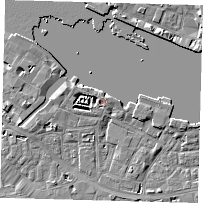 Shaded relief map of the ground around SE164TJ, computed from Environment Agency LiDAR. The ground here sits at about 4 m above sea level and falls 8 m across the surrounding 800 m. Surface water reaching this point runs off ground lying to the west, 4.1 m higher.