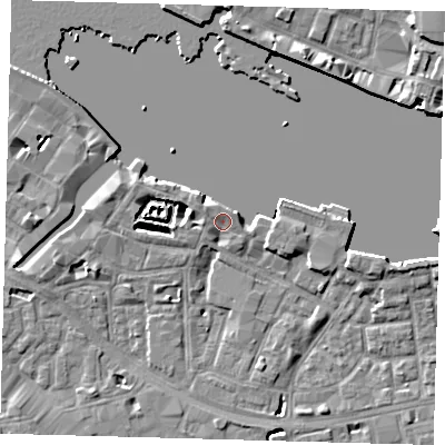 Shaded relief map of the ground around SE164TN, computed from Environment Agency LiDAR. The ground here sits at about 4 m above sea level and falls 8 m across the surrounding 800 m. Surface water reaching this point runs off ground lying to the north-west, 2.7 m higher.