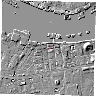 Shaded relief map of the ground around SE164TP, computed from Environment Agency LiDAR. The ground here sits at about 4 m above sea level and falls 9 m across the surrounding 800 m. Surface water reaching this point runs off ground lying to the north-east, 2.3 m higher.