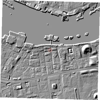 Shaded relief map of the ground around SE164TR, computed from Environment Agency LiDAR. The ground here sits at about 4 m above sea level and falls 9 m across the surrounding 800 m. Surface water reaching this point runs off ground lying to the north, 2.1 m higher.