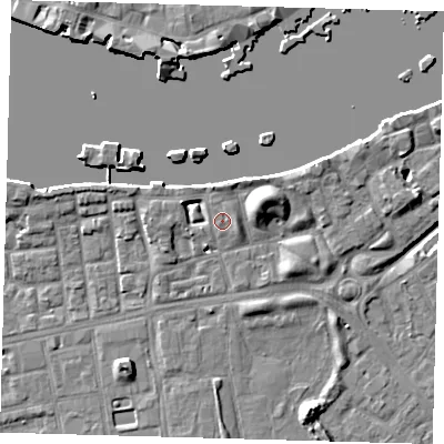 Shaded relief map of the ground around SE164TS, computed from Environment Agency LiDAR. The ground here sits at about 4 m above sea level and falls 10 m across the surrounding 800 m. Surface water reaching this point runs off ground lying to the west-north-west, 3.8 m higher.