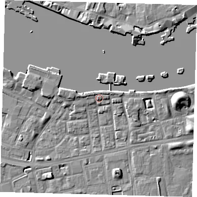 Shaded relief map of the ground around SE164TT, computed from Environment Agency LiDAR. The ground here sits at about 5 m above sea level and falls 9 m across the surrounding 800 m. Surface water reaching this point runs off ground lying to the north-west, 1.8 m higher.