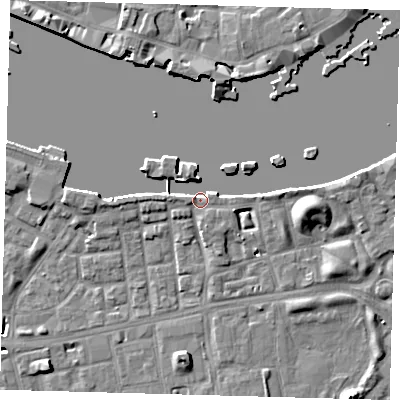 Shaded relief map of the ground around SE164TU, computed from Environment Agency LiDAR. The ground here sits at about 4 m above sea level and falls 9 m across the surrounding 800 m. Surface water reaching this point runs off ground lying to the east, 3.3 m higher.