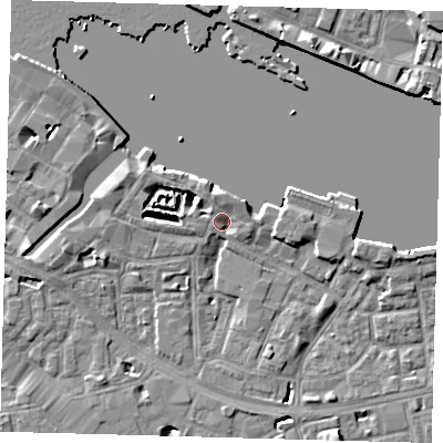 Shaded relief map of the ground around SE164TW, computed from Environment Agency LiDAR. The ground here sits at about 4 m above sea level and falls 8 m across the surrounding 800 m. Surface water reaching this point runs off ground lying to the north-north-west, 2.7 m higher.
