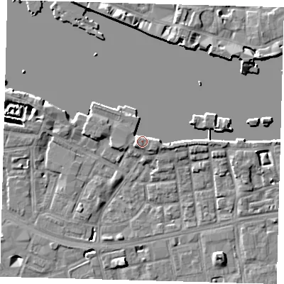 Shaded relief map of the ground around SE164TX, computed from Environment Agency LiDAR. The ground here sits at about 5 m above sea level and falls 8 m across the surrounding 800 m. Surface water reaching this point runs off ground lying to the east, 3.4 m higher.